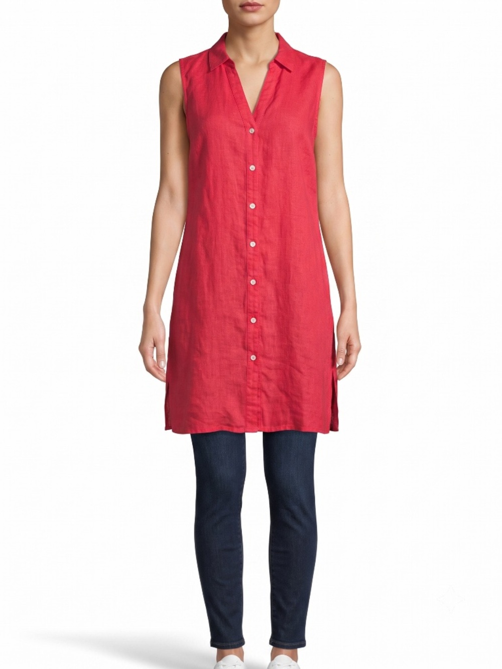 Tahari 100% Linen Sleeveless Button Front Tunic Top Pink Women's Size M